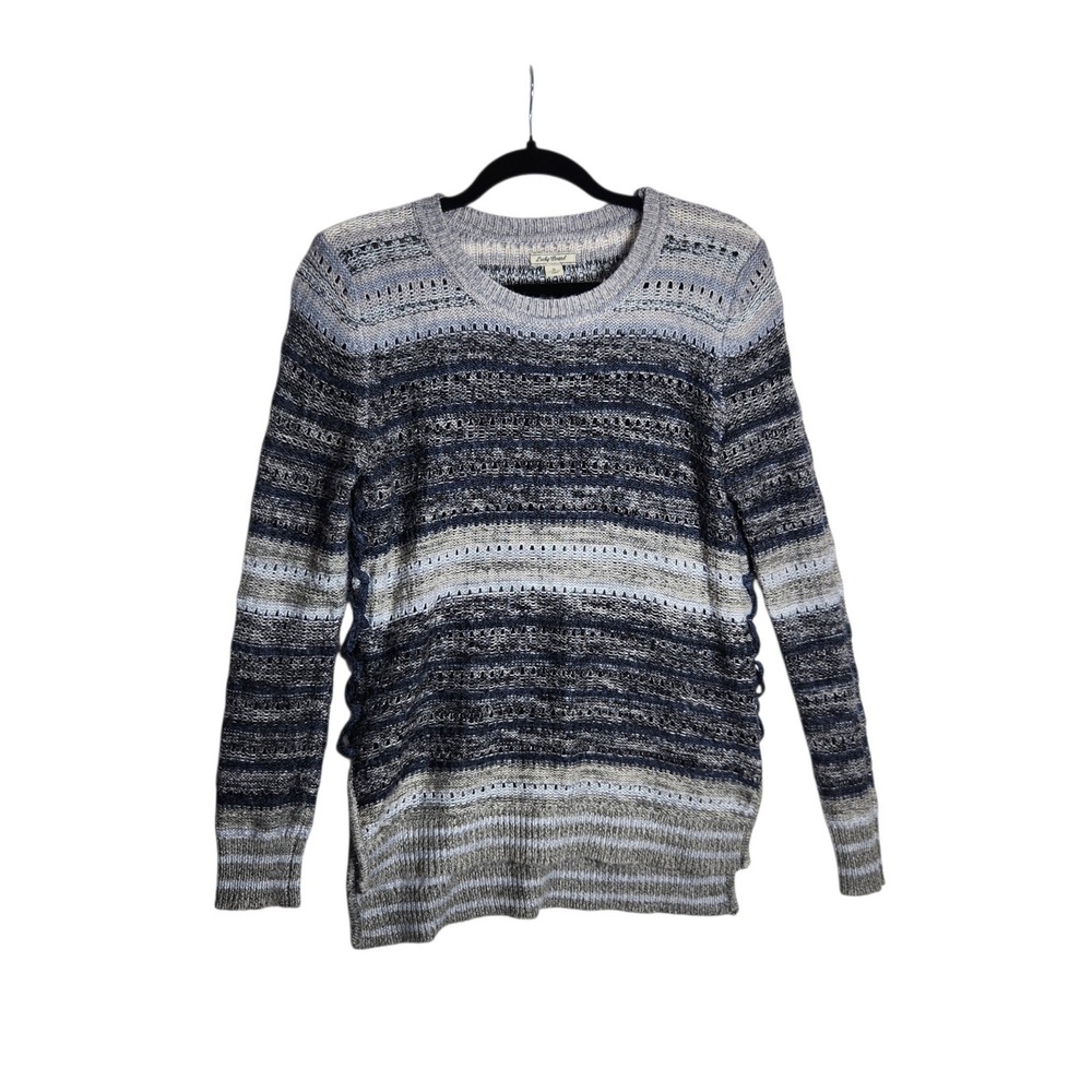Lucky Brand Womens Space Dye Pointelle Knit Sweater Blue Grey Crew Neck Small